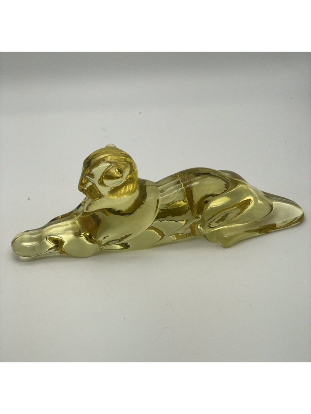 Vtg Yellow Glass Panther Tiger Cat Paperweight Figurine Signed As Seen